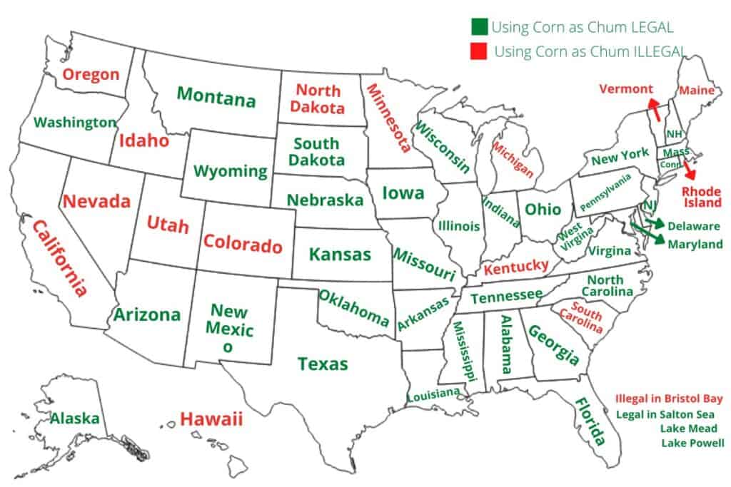 Map of all 50 united states with map legend of where it is legal and illegal to use corn as chum for fishing. 