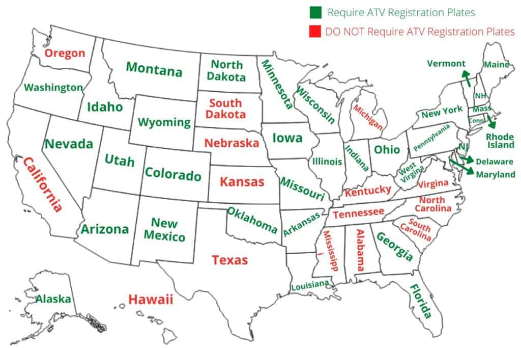Map of the united states showing what states require your ATV to have registration plates. The states shown in red require registration plates and the states shown in green do not require your ATV to have registration plates. 