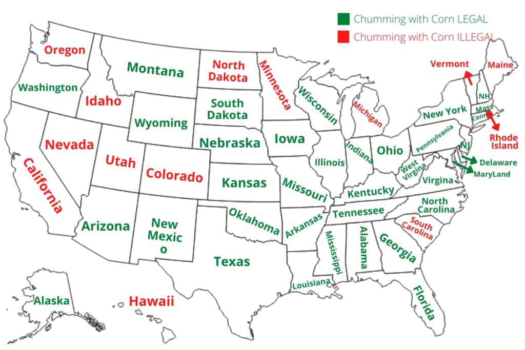 Map of the United States showing what states it is legal and illegal to chum with corn