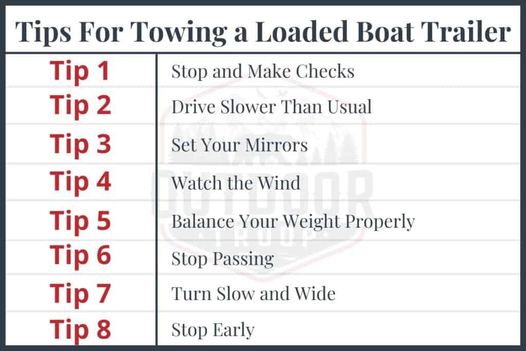 table showing 8 tips for towing a loaded boat trailer. 